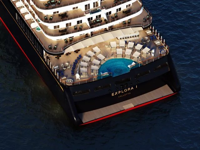 Explora Journeys luxury super-ocean yacht sailing in the Mediterranean with infinity pool deck